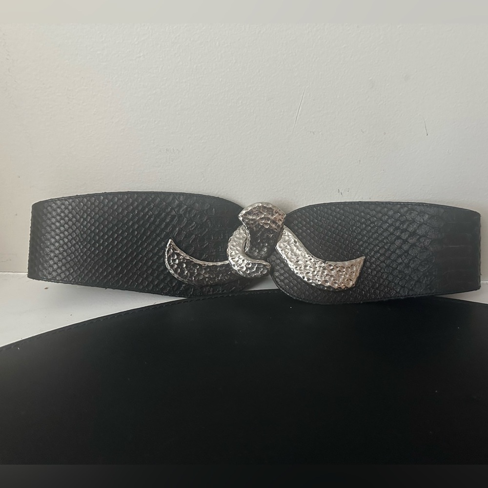 Raina Black Leather Belt Wide Hammered Silvertone